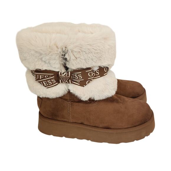 New Guess Denla Cold Weather Faux Fur Cozy Booties Brown 10 - Picture 3 of 7